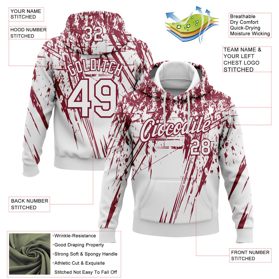 Custom Stitched White Crimson 3D Pattern Design Splash Grunge Art Sports Pullover Sweatshirt Hoodie
