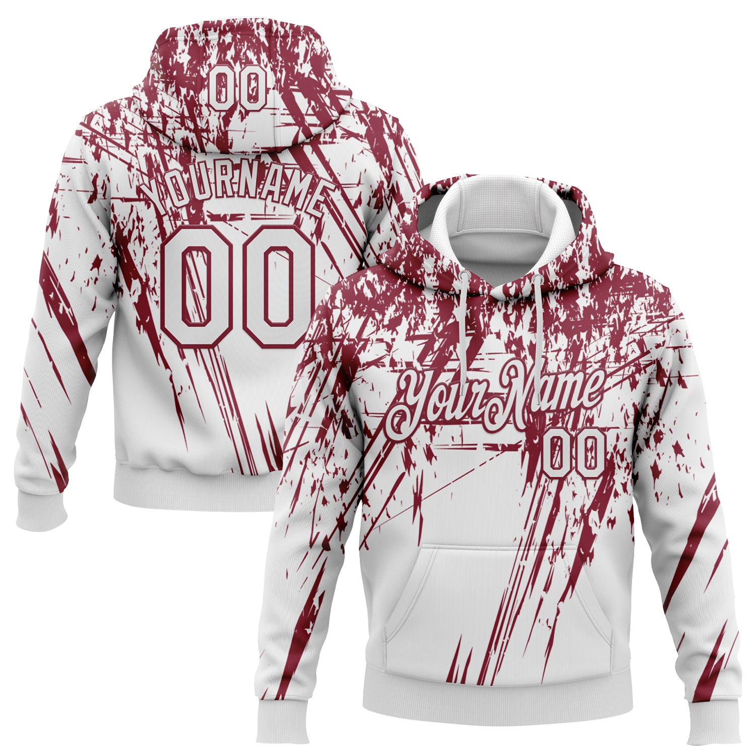Custom Stitched White Crimson 3D Pattern Design Splash Grunge Art Sports Pullover Sweatshirt Hoodie