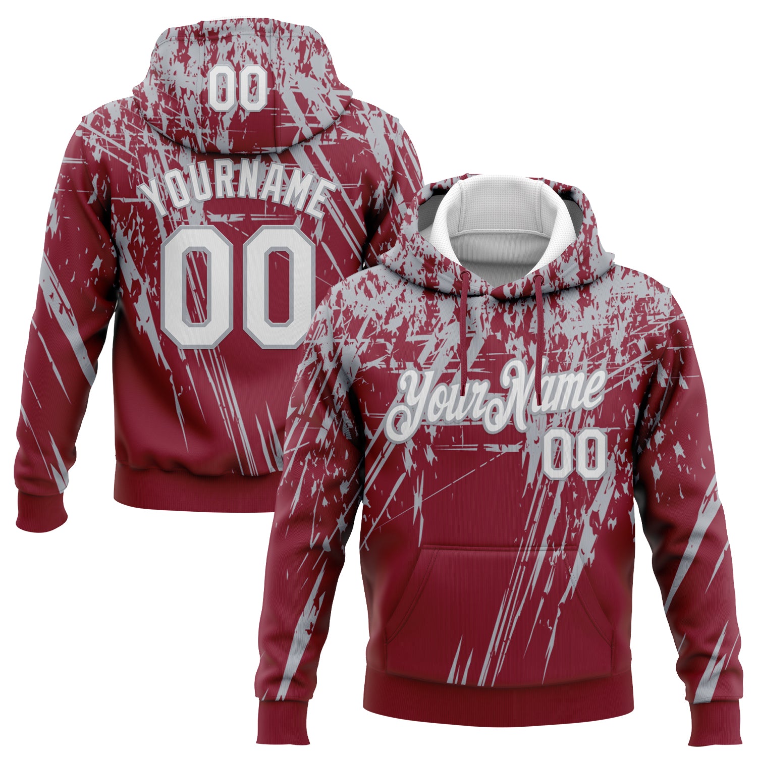 Custom Stitched Crimson White-Gray 3D Pattern Design Splash Grunge Art Sports Pullover Sweatshirt Hoodie
