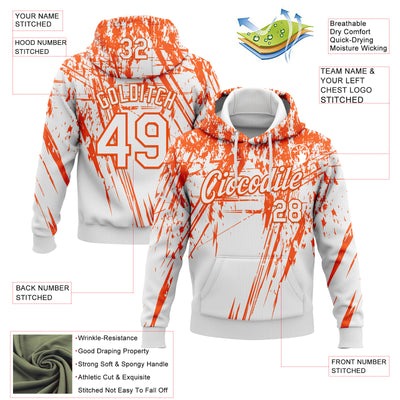 Custom Stitched White Orange 3D Pattern Design Splash Grunge Art Sports Pullover Sweatshirt Hoodie