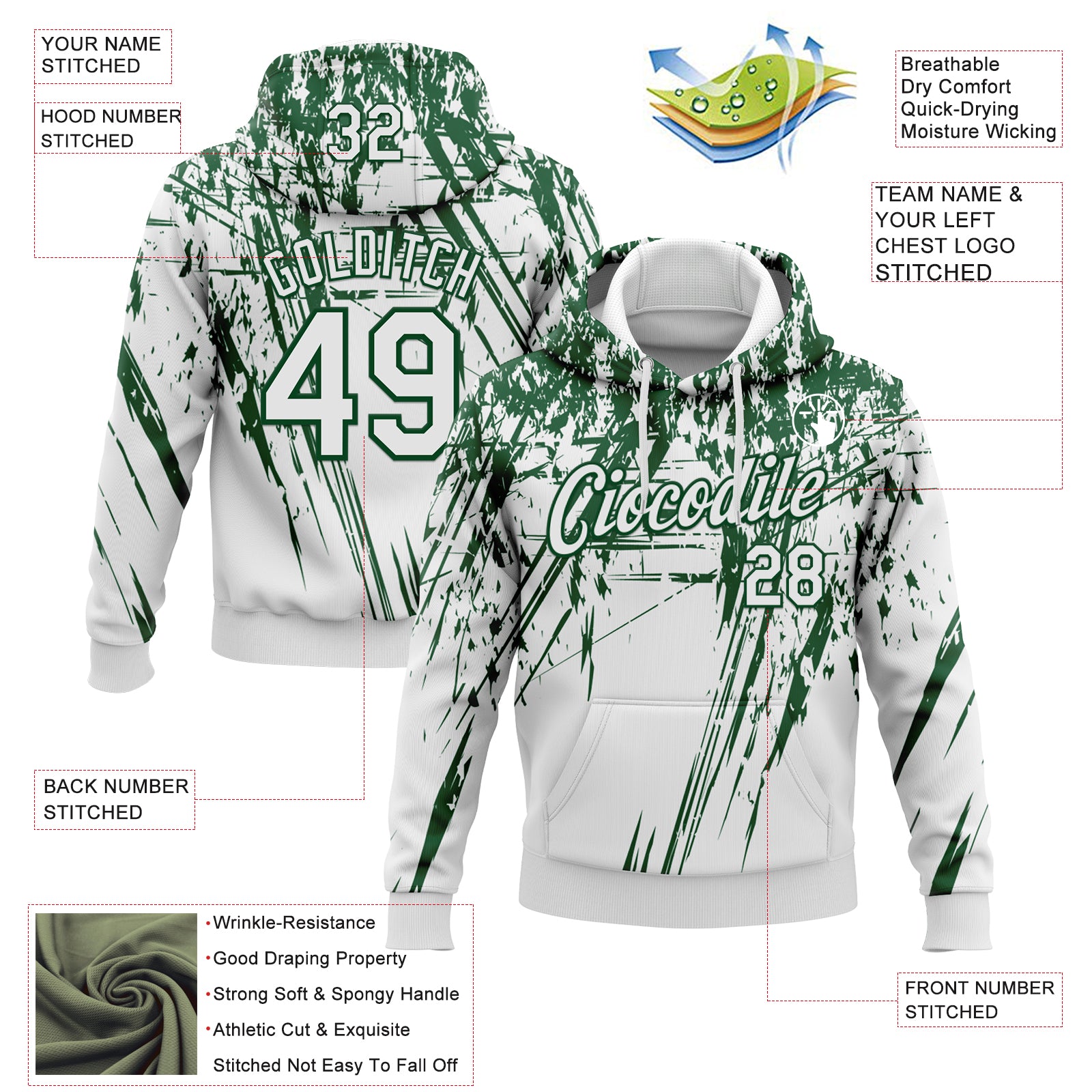 Custom Stitched White Green 3D Pattern Design Splash Grunge Art Sports Pullover Sweatshirt Hoodie
