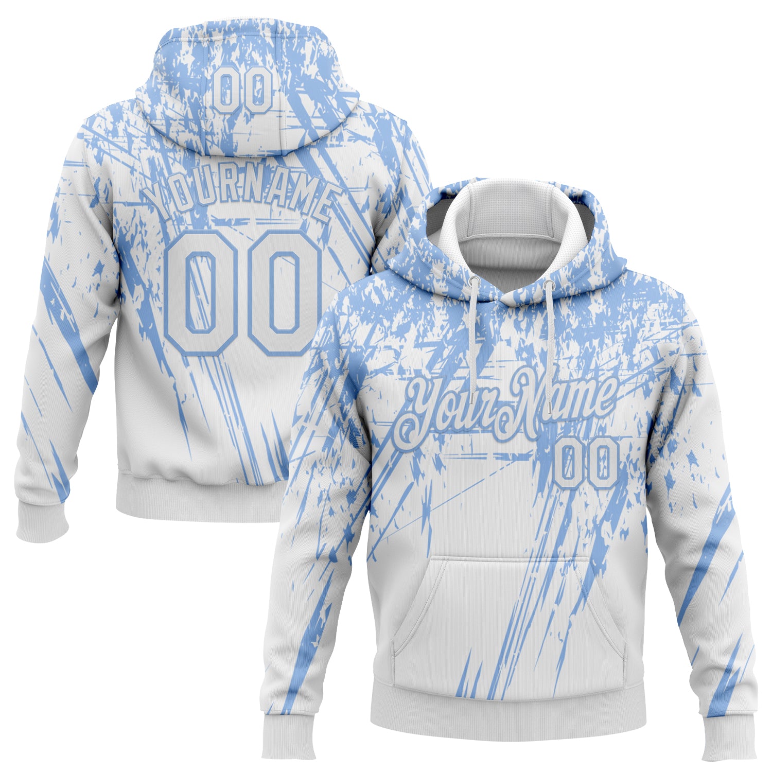 Custom Stitched White Light Blue 3D Pattern Design Splash Grunge Art Sports Pullover Sweatshirt Hoodie