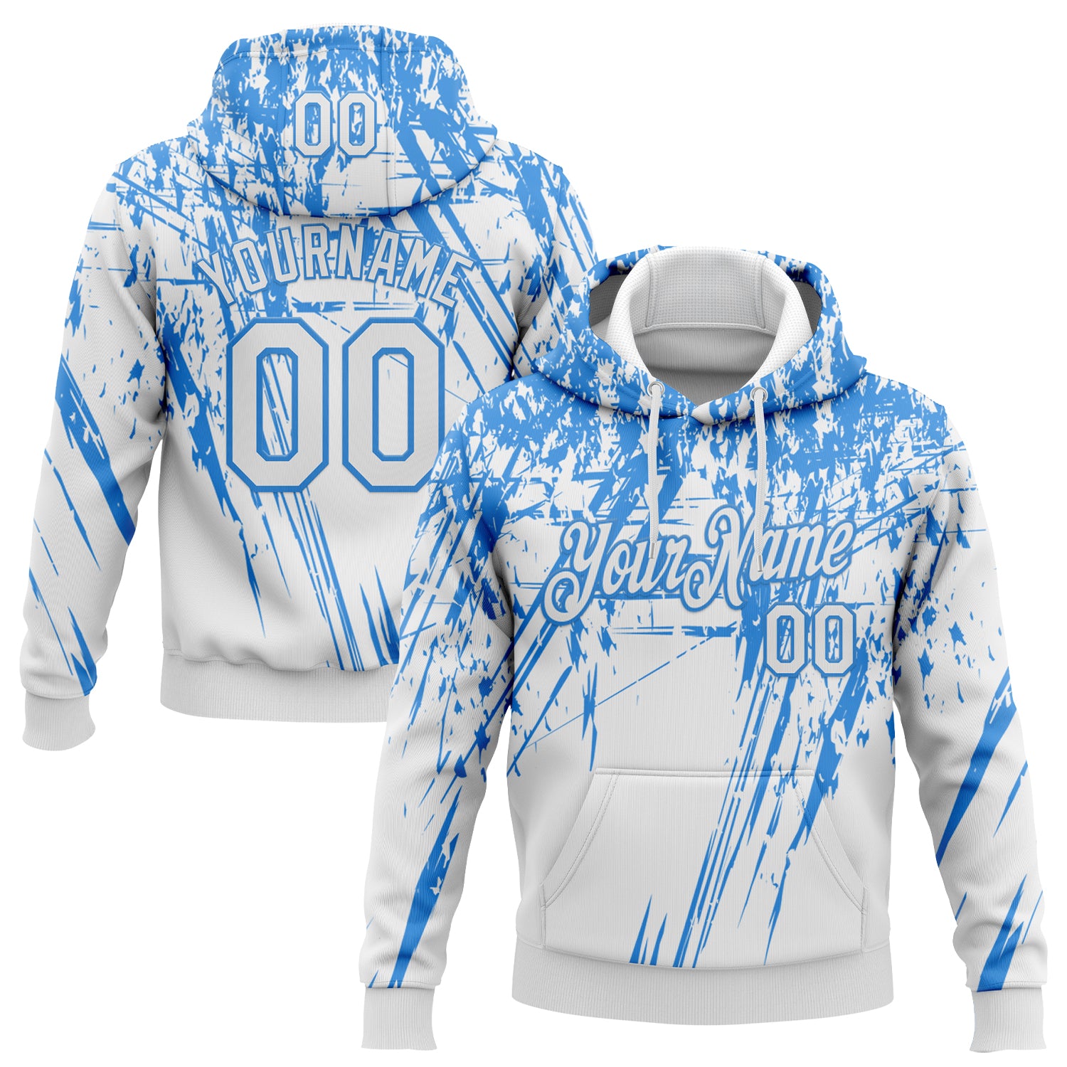 Custom Stitched White Powder Blue 3D Pattern Design Splash Grunge Art Sports Pullover Sweatshirt Hoodie