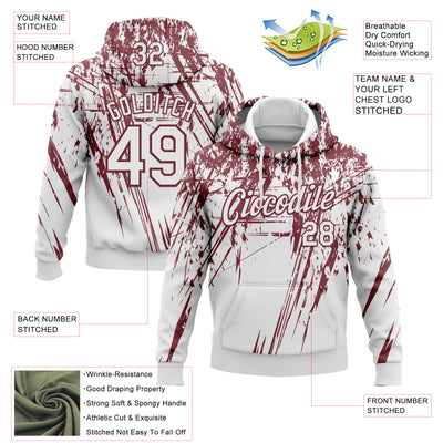 Custom Stitched White Burgundy 3D Pattern Design Splash Grunge Art Sports Pullover Sweatshirt Hoodie