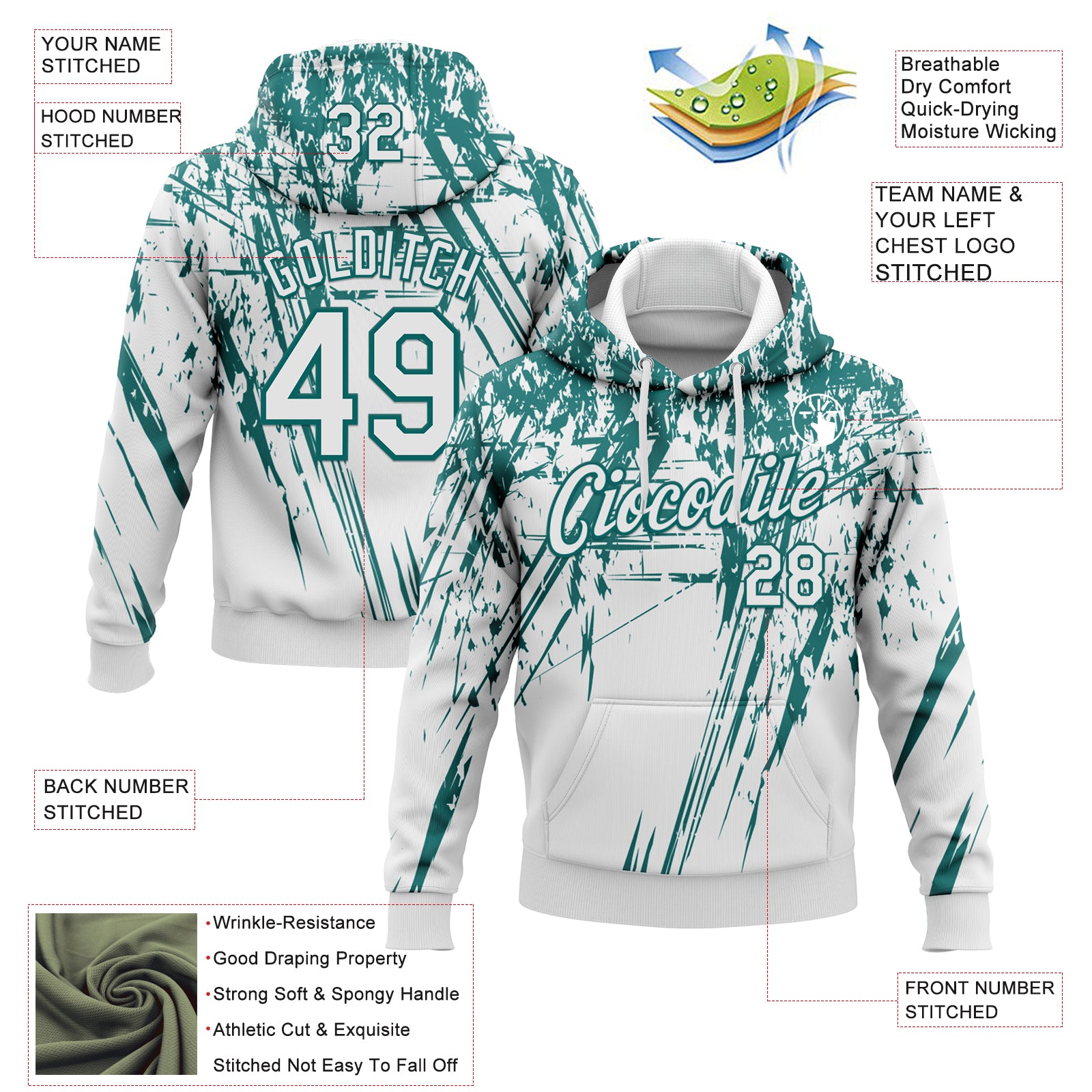 Custom Stitched White Teal 3D Pattern Design Splash Grunge Art Sports Pullover Sweatshirt Hoodie