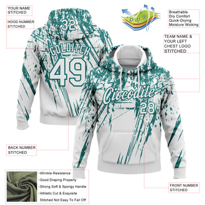 Custom Stitched White Teal 3D Pattern Design Splash Grunge Art Sports Pullover Sweatshirt Hoodie