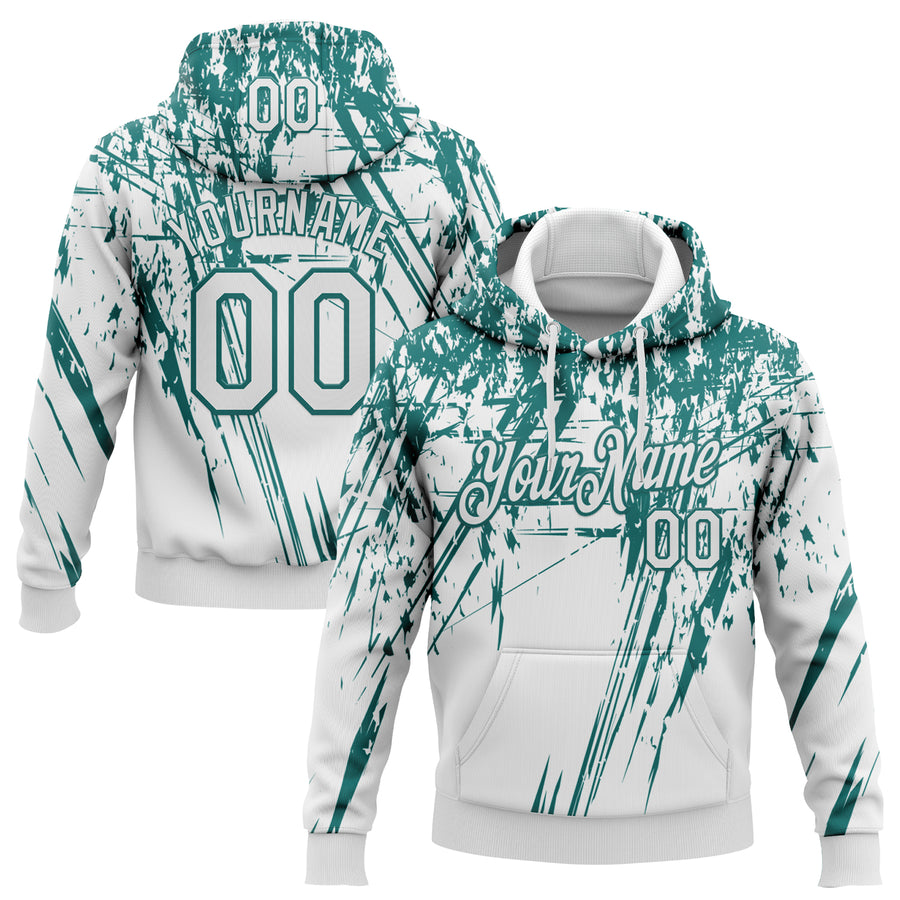 Custom Stitched White Teal 3D Pattern Design Splash Grunge Art Sports Pullover Sweatshirt Hoodie