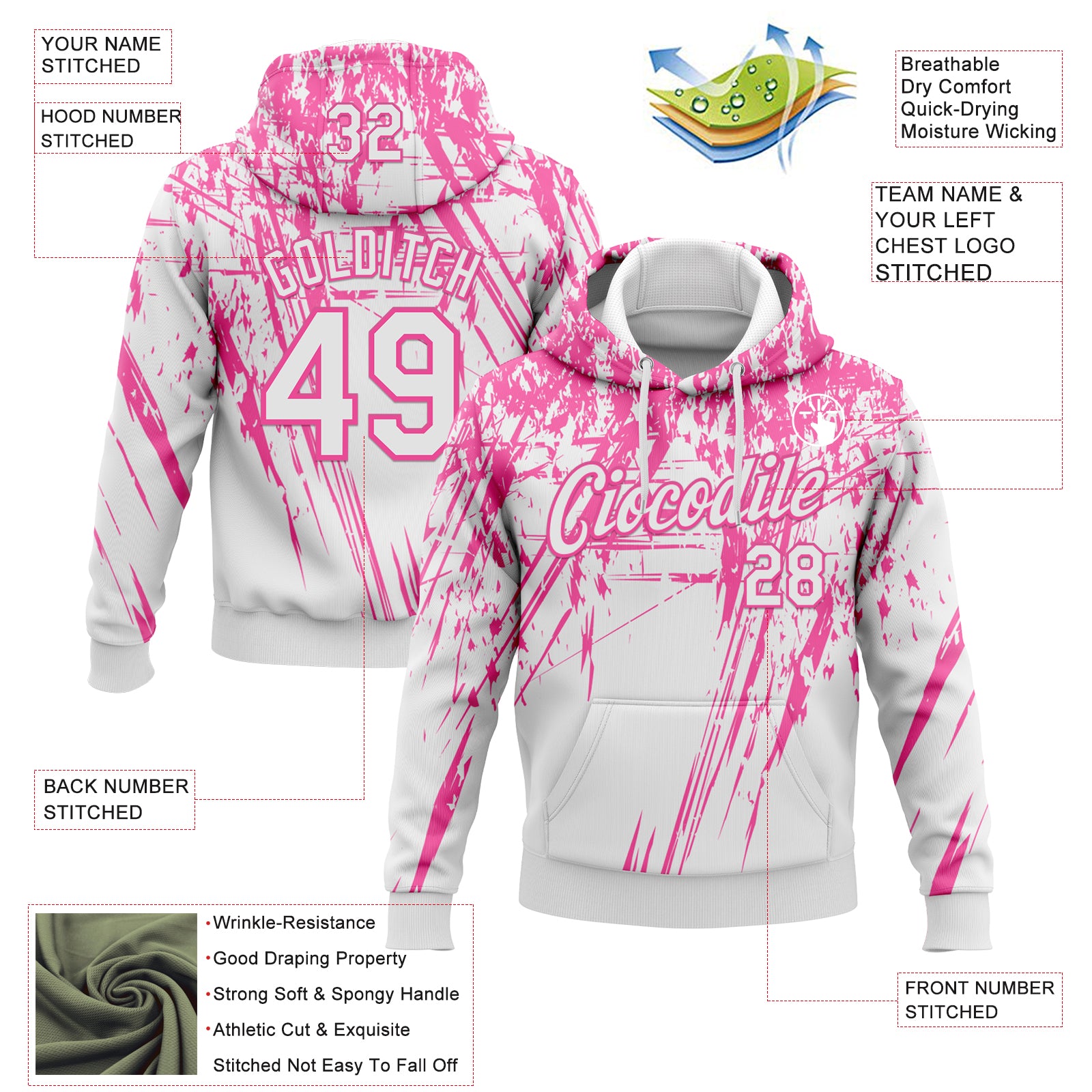 Custom Stitched White Pink 3D Pattern Design Splash Grunge Art Sports Pullover Sweatshirt Hoodie