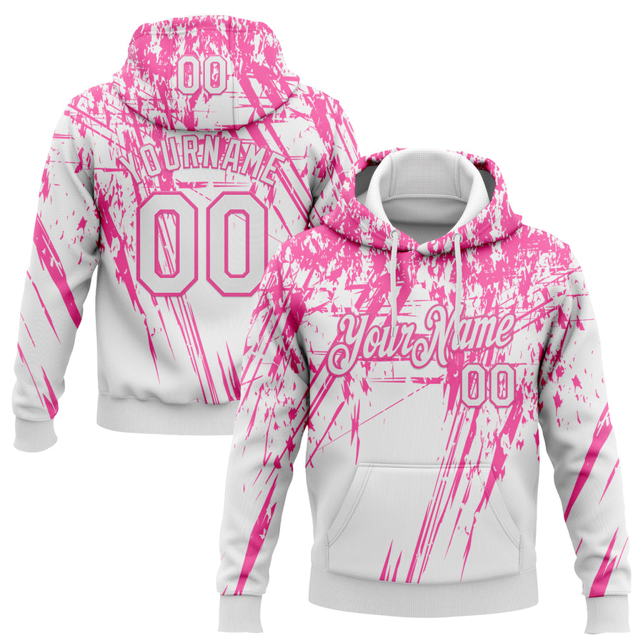 Custom Stitched White Pink 3D Pattern Design Splash Grunge Art Sports Pullover Sweatshirt Hoodie