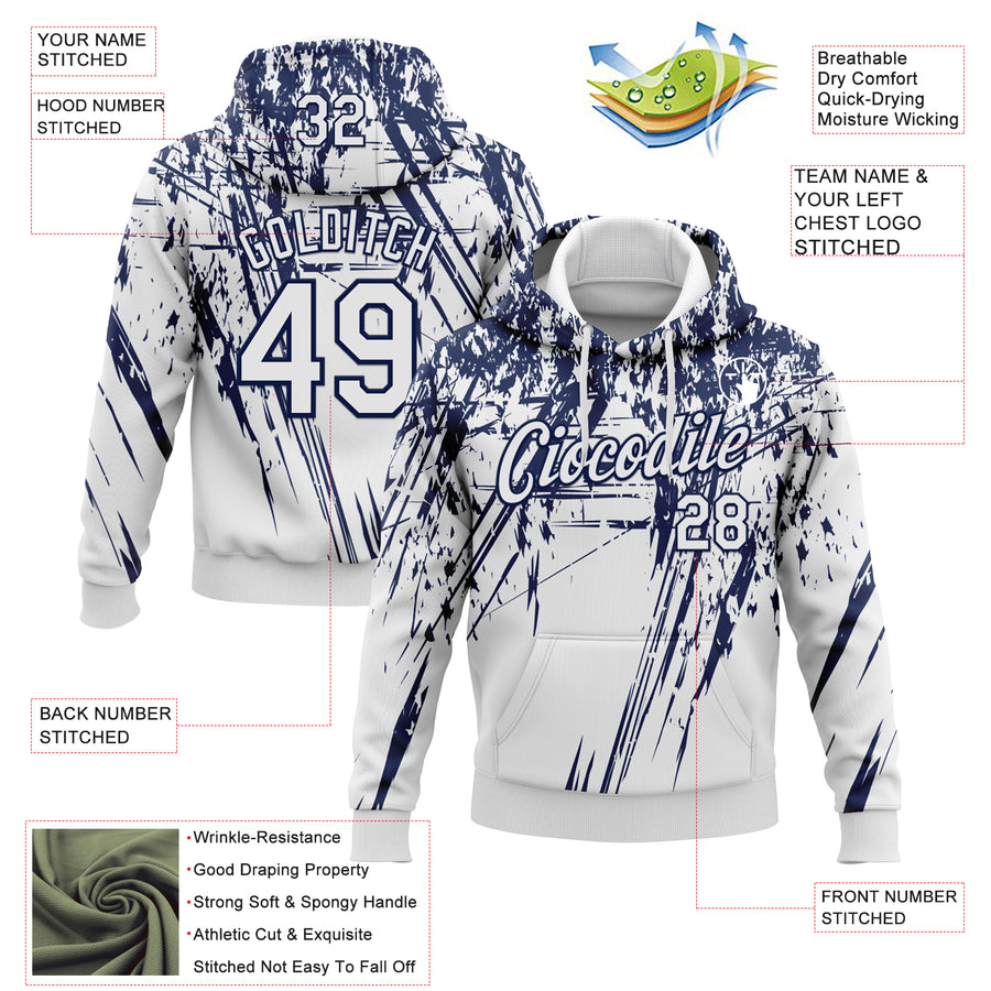 Custom Stitched White Navy 3D Pattern Design Splash Grunge Art Sports Pullover Sweatshirt Hoodie