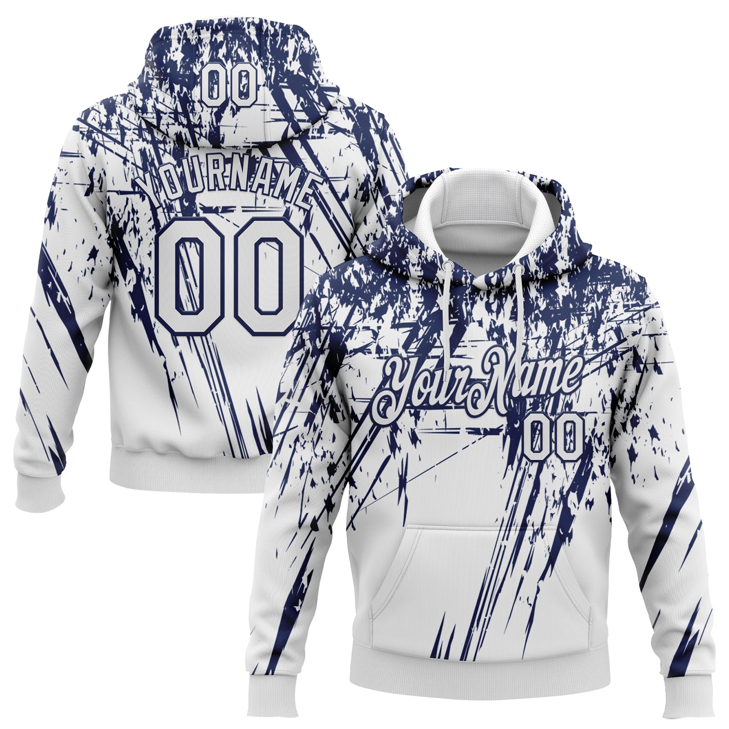 Custom Stitched White Navy 3D Pattern Design Splash Grunge Art Sports Pullover Sweatshirt Hoodie