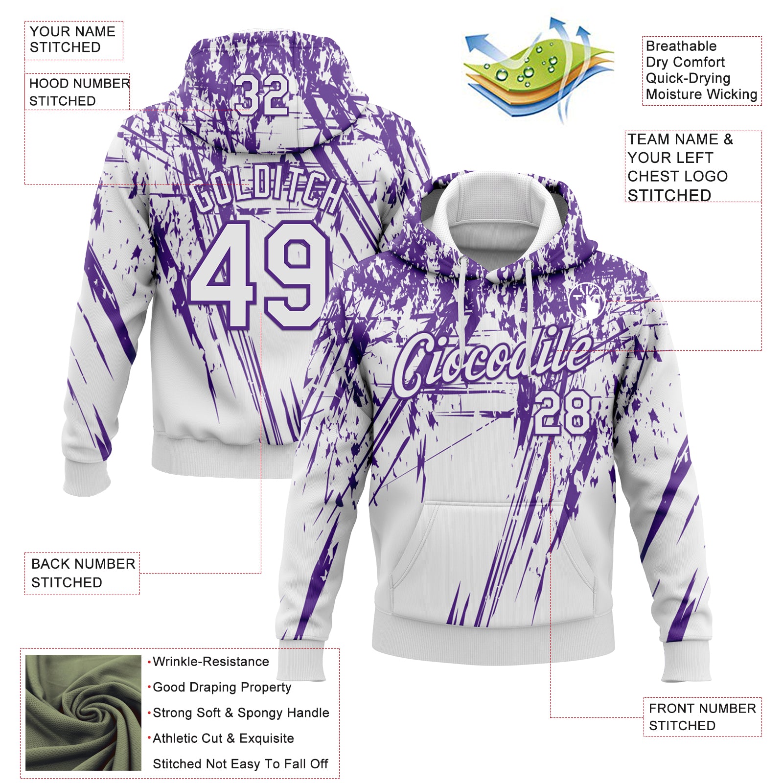 Custom Stitched White Purple 3D Pattern Design Splash Grunge Art Sports Pullover Sweatshirt Hoodie