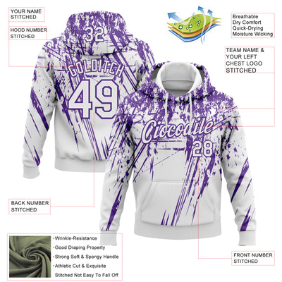 Custom Stitched White Purple 3D Pattern Design Splash Grunge Art Sports Pullover Sweatshirt Hoodie
