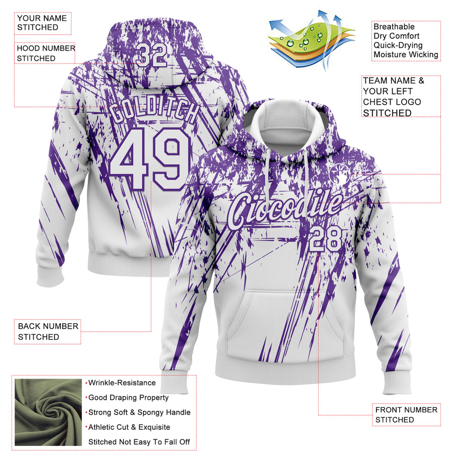 Custom Stitched White Purple 3D Pattern Design Splash Grunge Art Sports Pullover Sweatshirt Hoodie