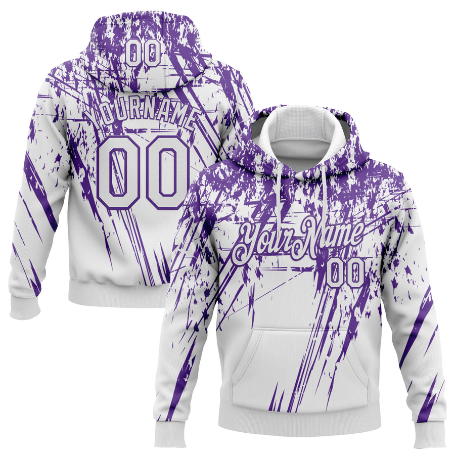 Custom Stitched White Purple 3D Pattern Design Splash Grunge Art Sports Pullover Sweatshirt Hoodie
