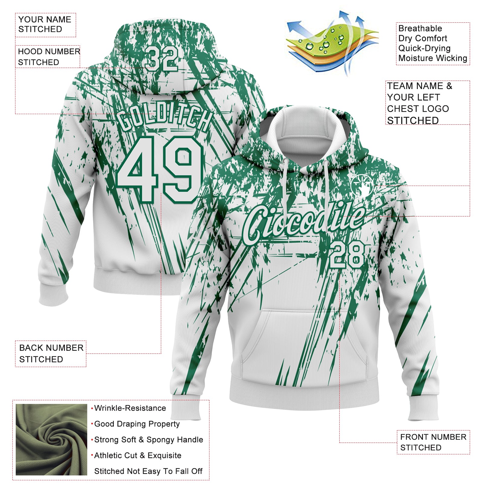Custom Stitched White Kelly Green 3D Pattern Design Splash Grunge Art Sports Pullover Sweatshirt Hoodie