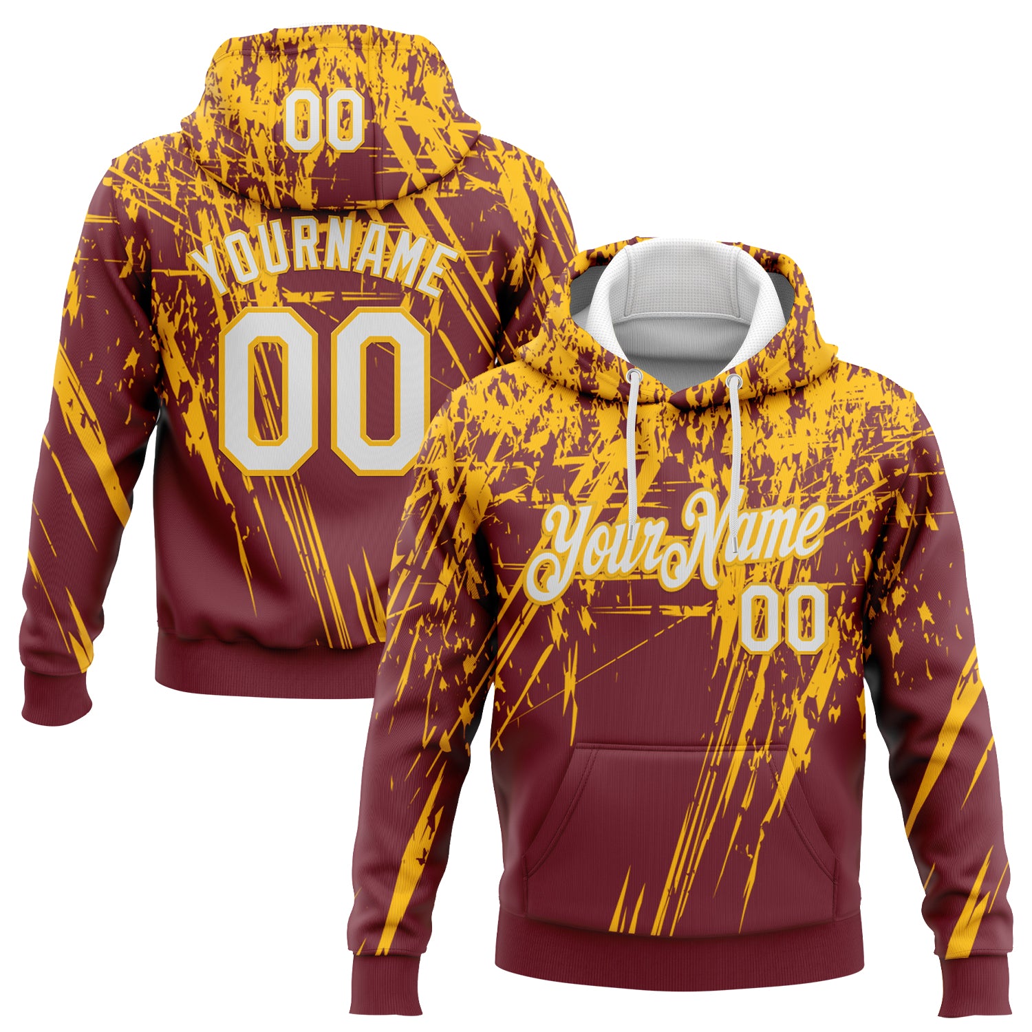 Custom Stitched Burgundy White-Gold 3D Pattern Design Splash Grunge Art Sports Pullover Sweatshirt Hoodie