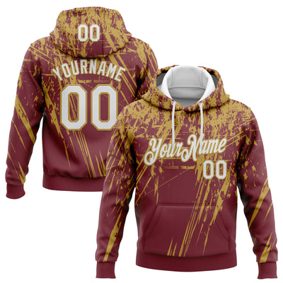 Custom Stitched Burgundy White-Old Gold 3D Pattern Design Splash Grunge Art Sports Pullover Sweatshirt Hoodie
