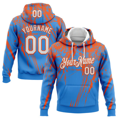Custom Stitched Powder Blue White-Orange 3D Pattern Design Splash Grunge Art Sports Pullover Sweatshirt Hoodie