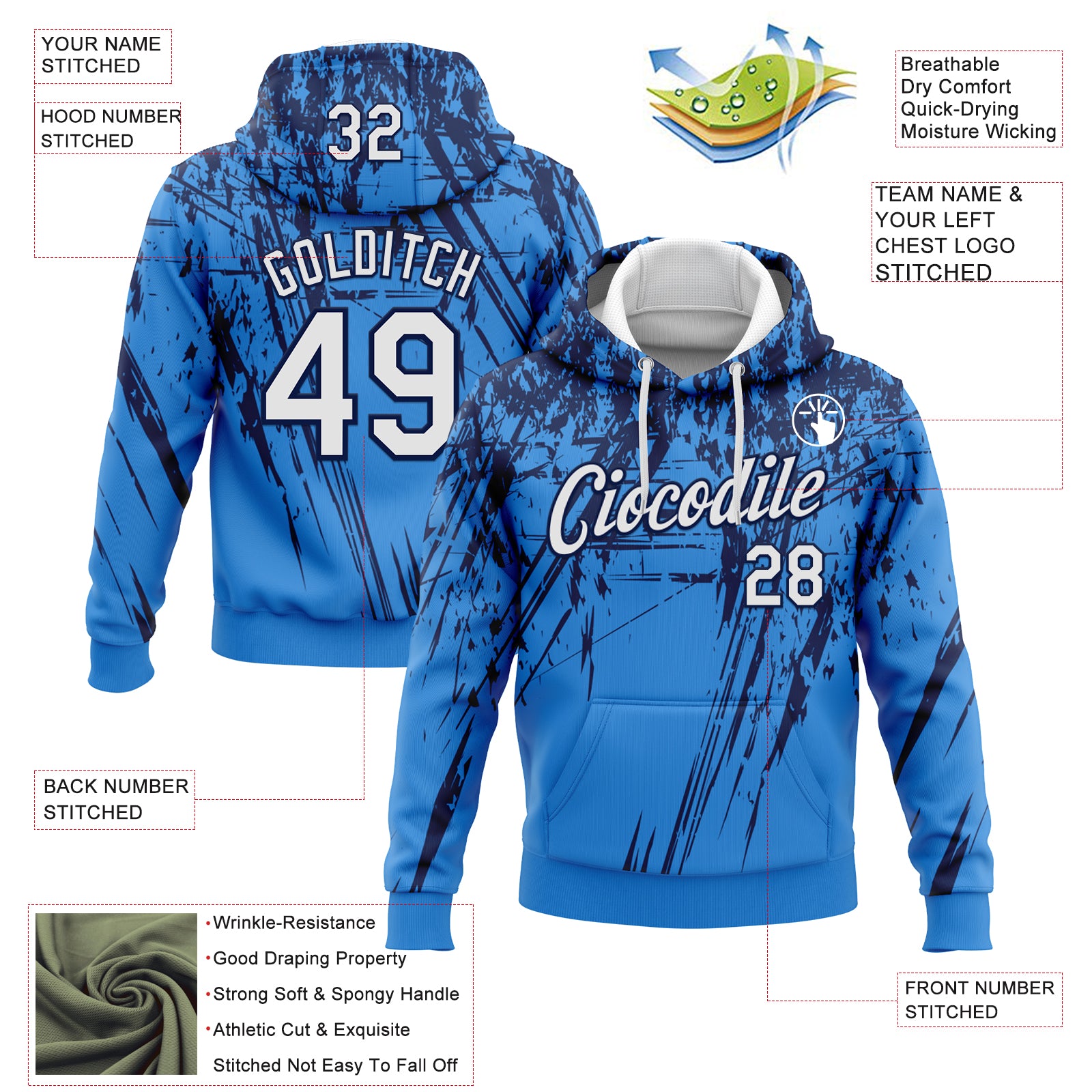 Custom Stitched Powder Blue White-Navy 3D Pattern Design Splash Grunge Art Sports Pullover Sweatshirt Hoodie