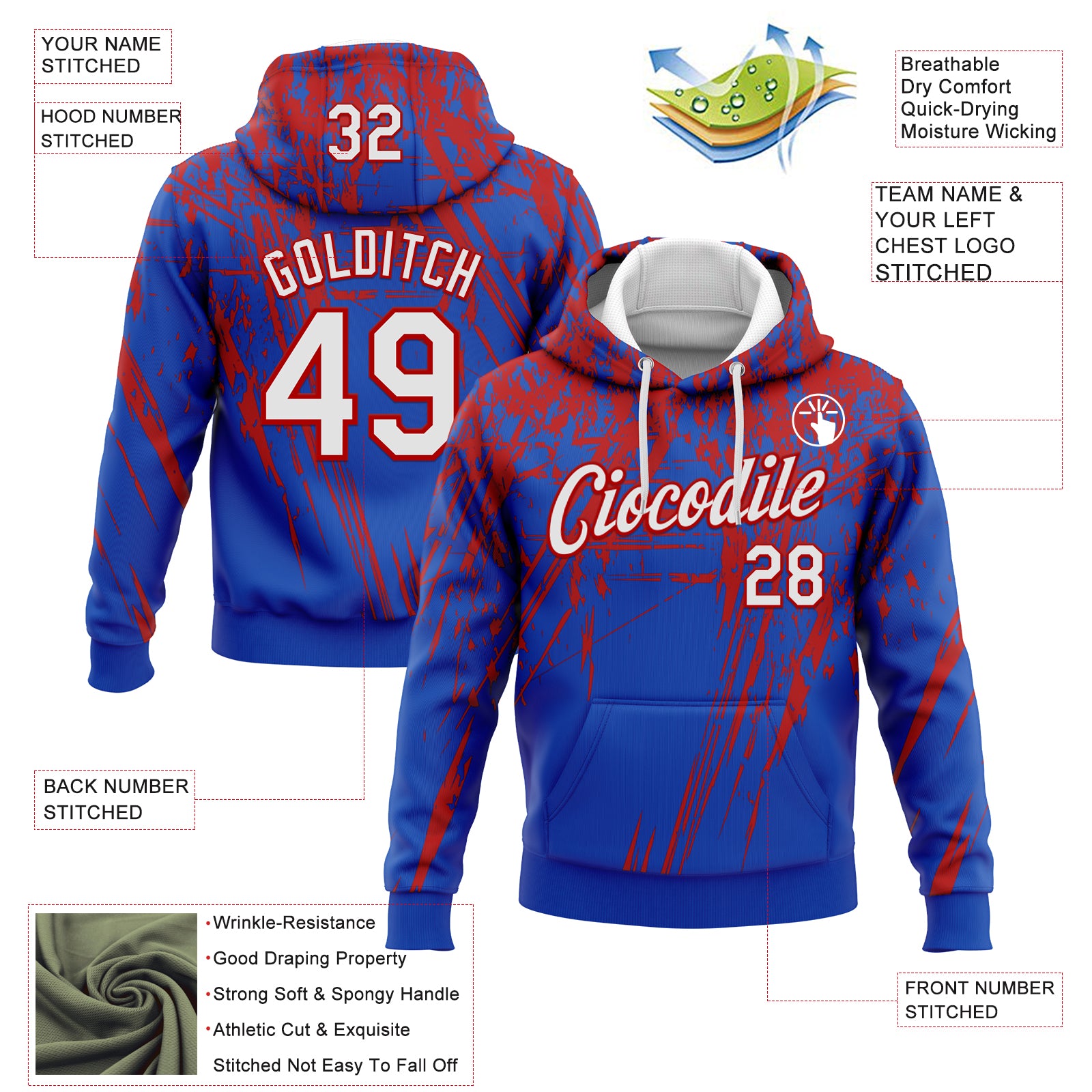 Custom Stitched Thunder Blue White-Red 3D Pattern Design Splash Grunge Art Sports Pullover Sweatshirt Hoodie