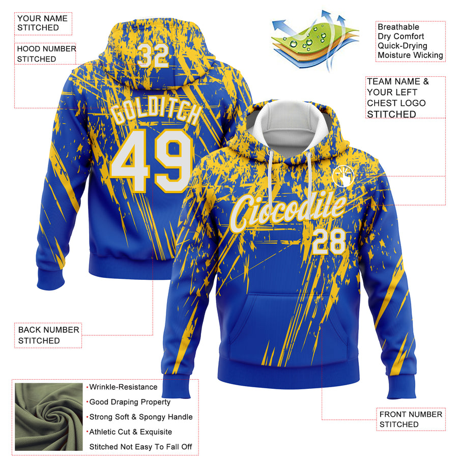 Custom Stitched Thunder Blue White-Yellow 3D Pattern Design Splash Grunge Art Sports Pullover Sweatshirt Hoodie