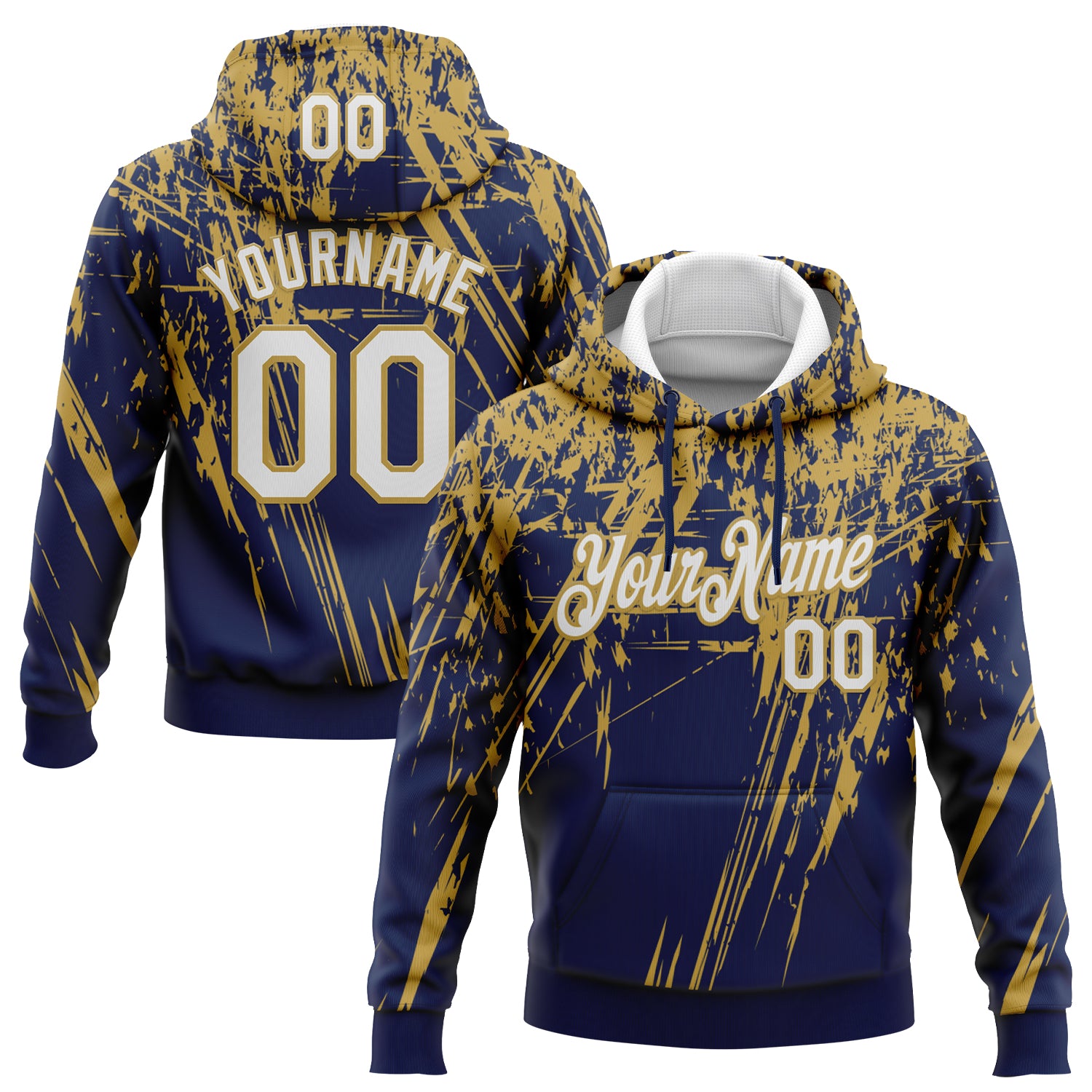 Custom Stitched Navy White-Old Gold 3D Pattern Design Splash Grunge Art Sports Pullover Sweatshirt Hoodie