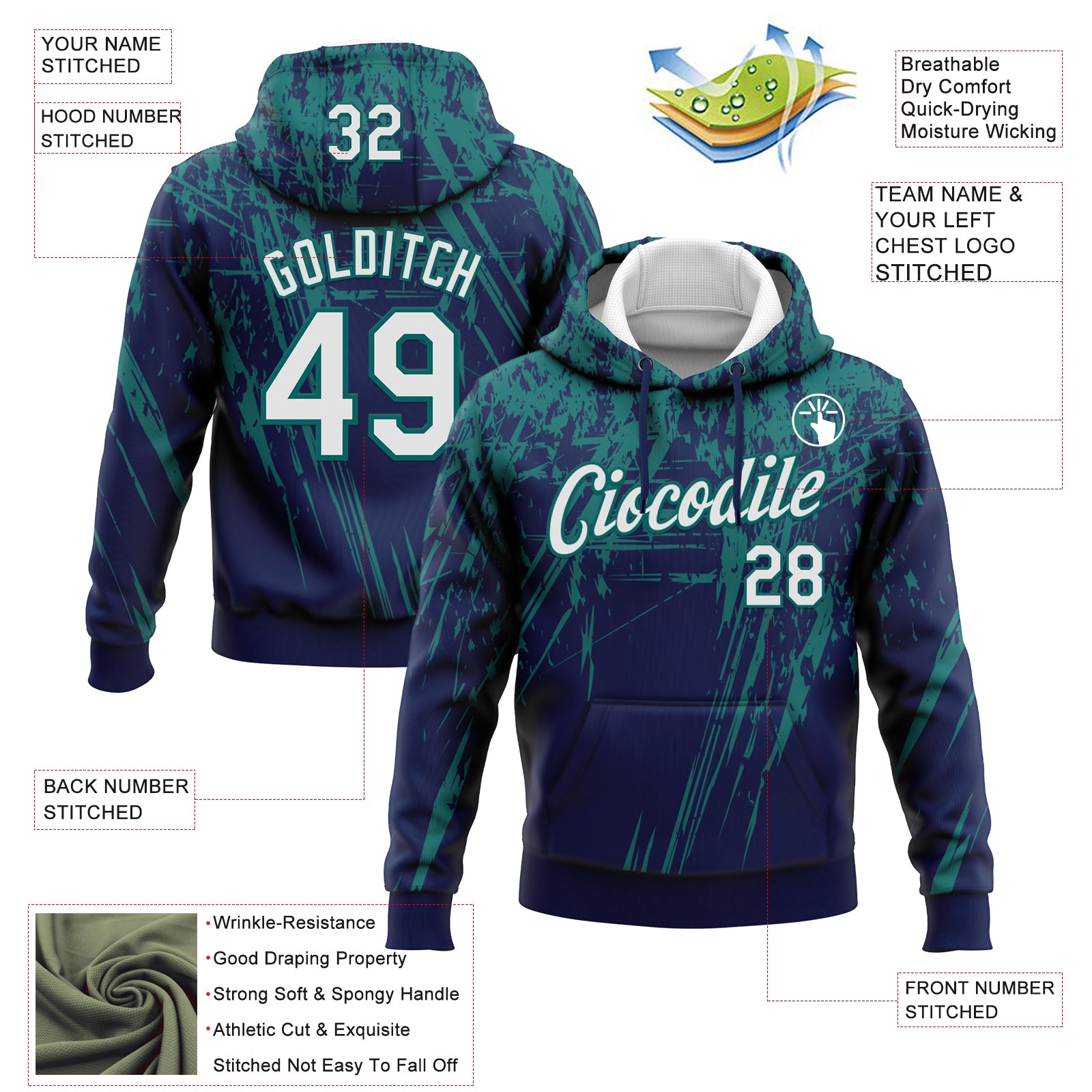 Custom Stitched Navy White-Teal 3D Pattern Design Splash Grunge Art Sports Pullover Sweatshirt Hoodie
