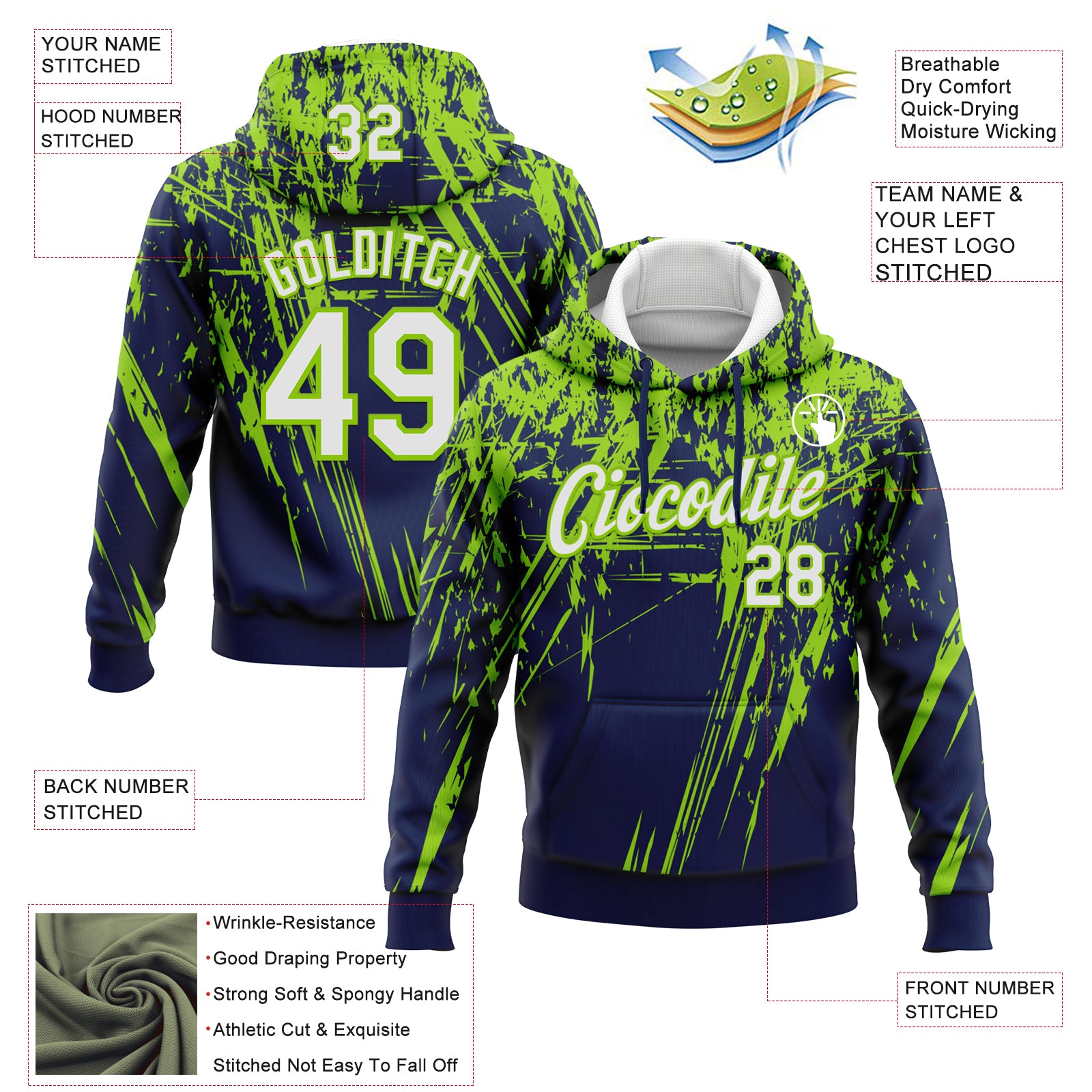 Custom Stitched Navy White-Neon Green 3D Pattern Design Splash Grunge Art Sports Pullover Sweatshirt Hoodie