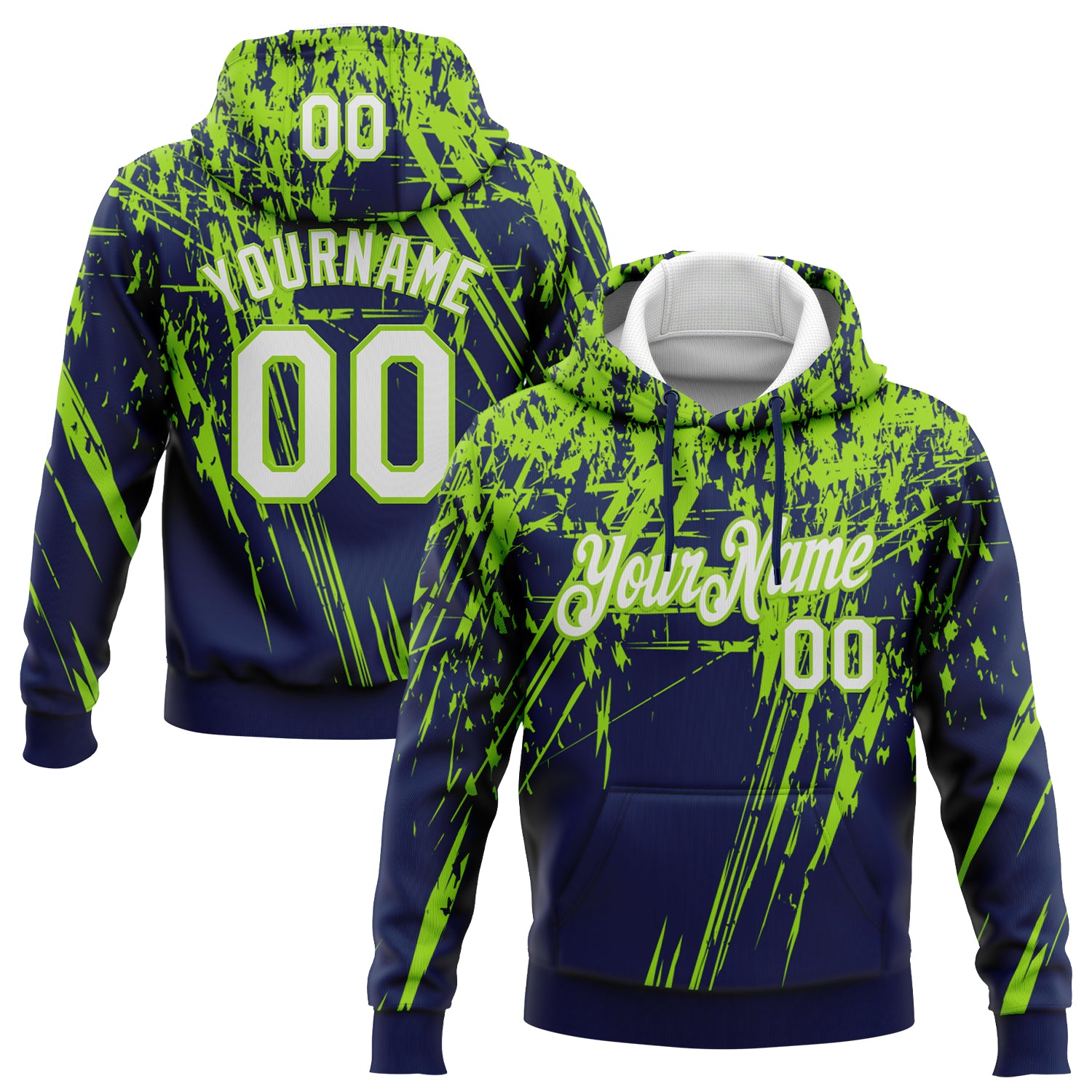 Custom Stitched Navy White-Neon Green 3D Pattern Design Splash Grunge Art Sports Pullover Sweatshirt Hoodie