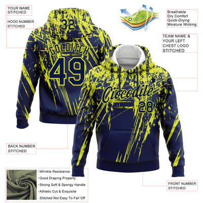 Custom Stitched Navy Neon Yellow 3D Pattern Design Splash Grunge Art Sports Pullover Sweatshirt Hoodie