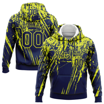 Custom Stitched Navy Neon Yellow 3D Pattern Design Splash Grunge Art Sports Pullover Sweatshirt Hoodie