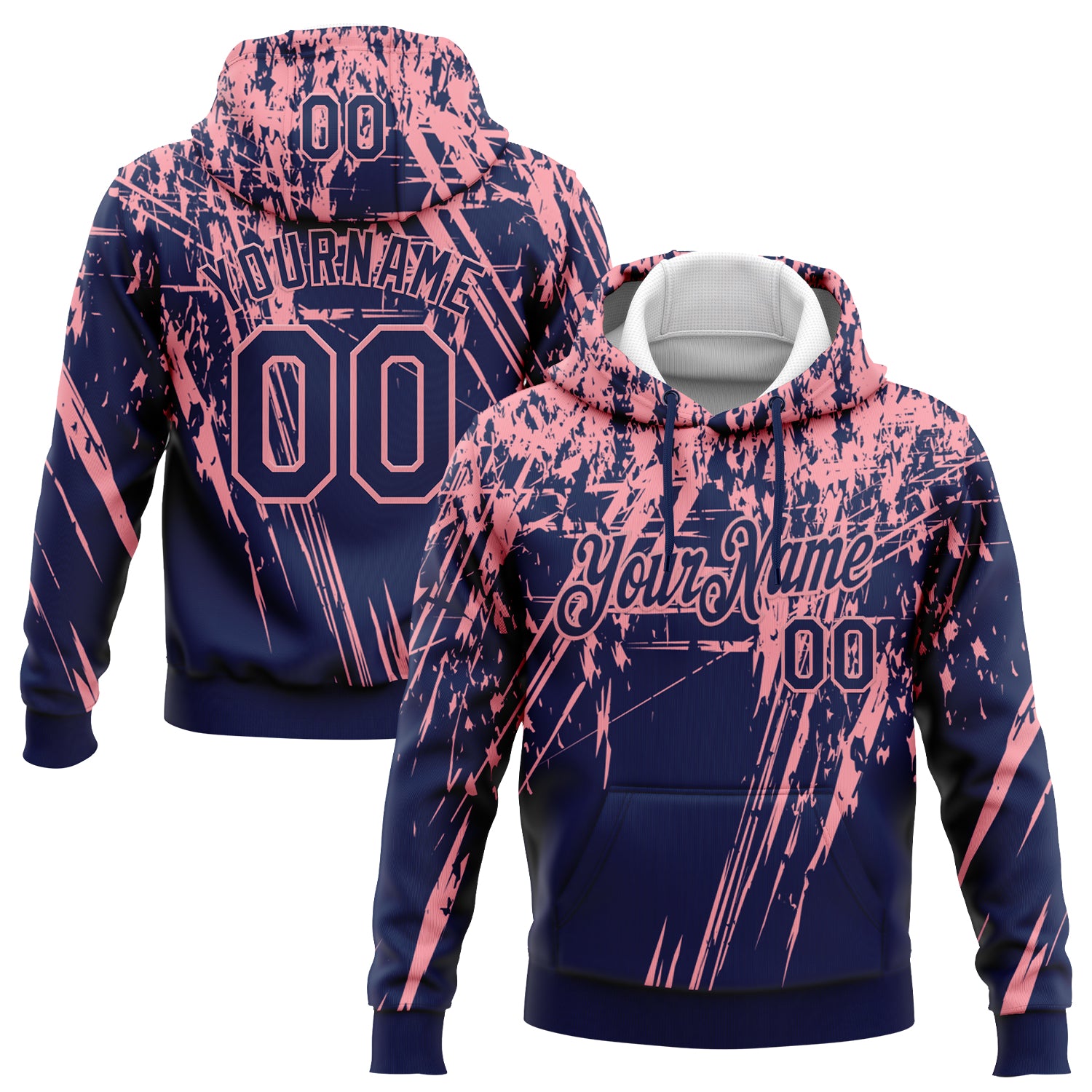 Custom Stitched Navy Medium Pink 3D Pattern Design Splash Grunge Art Sports Pullover Sweatshirt Hoodie