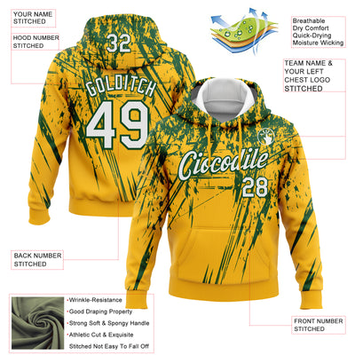 Custom Stitched Gold White-Green 3D Pattern Design Splash Grunge Art Sports Pullover Sweatshirt Hoodie