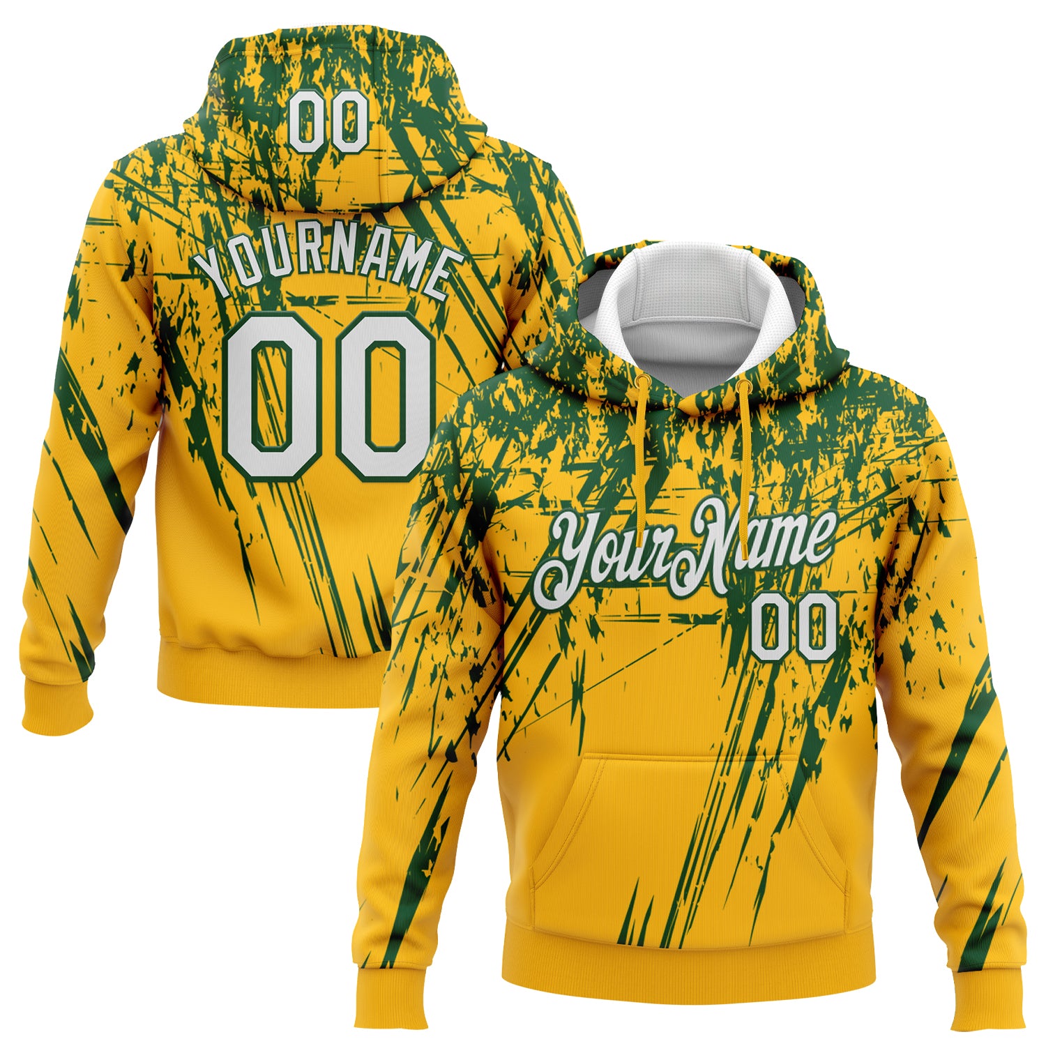 Custom Stitched Gold White-Green 3D Pattern Design Splash Grunge Art Sports Pullover Sweatshirt Hoodie