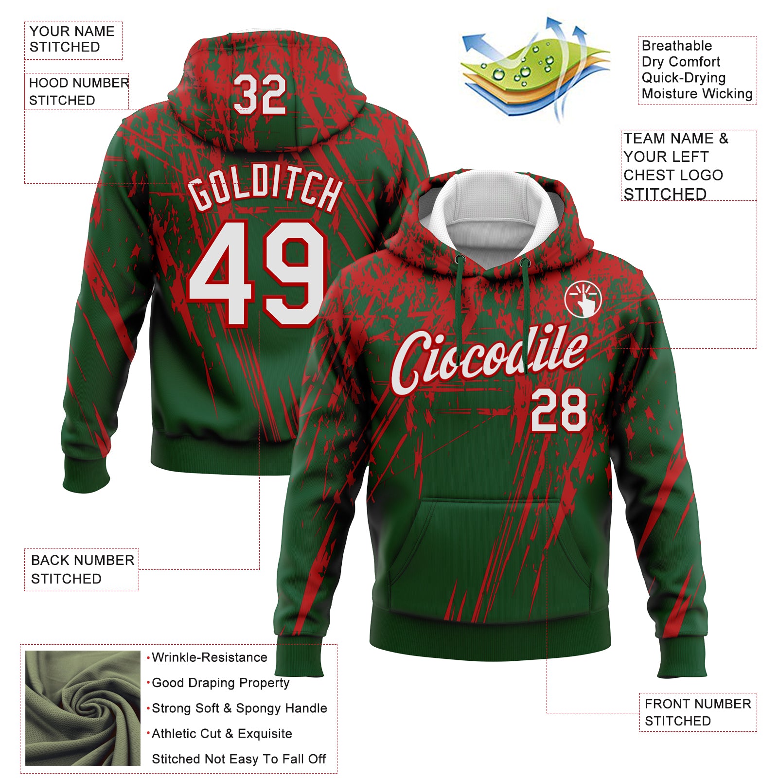 Custom Stitched Green White-Red 3D Pattern Design Splash Grunge Art Sports Pullover Sweatshirt Hoodie