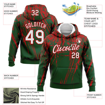Custom Stitched Green White-Red 3D Pattern Design Splash Grunge Art Sports Pullover Sweatshirt Hoodie