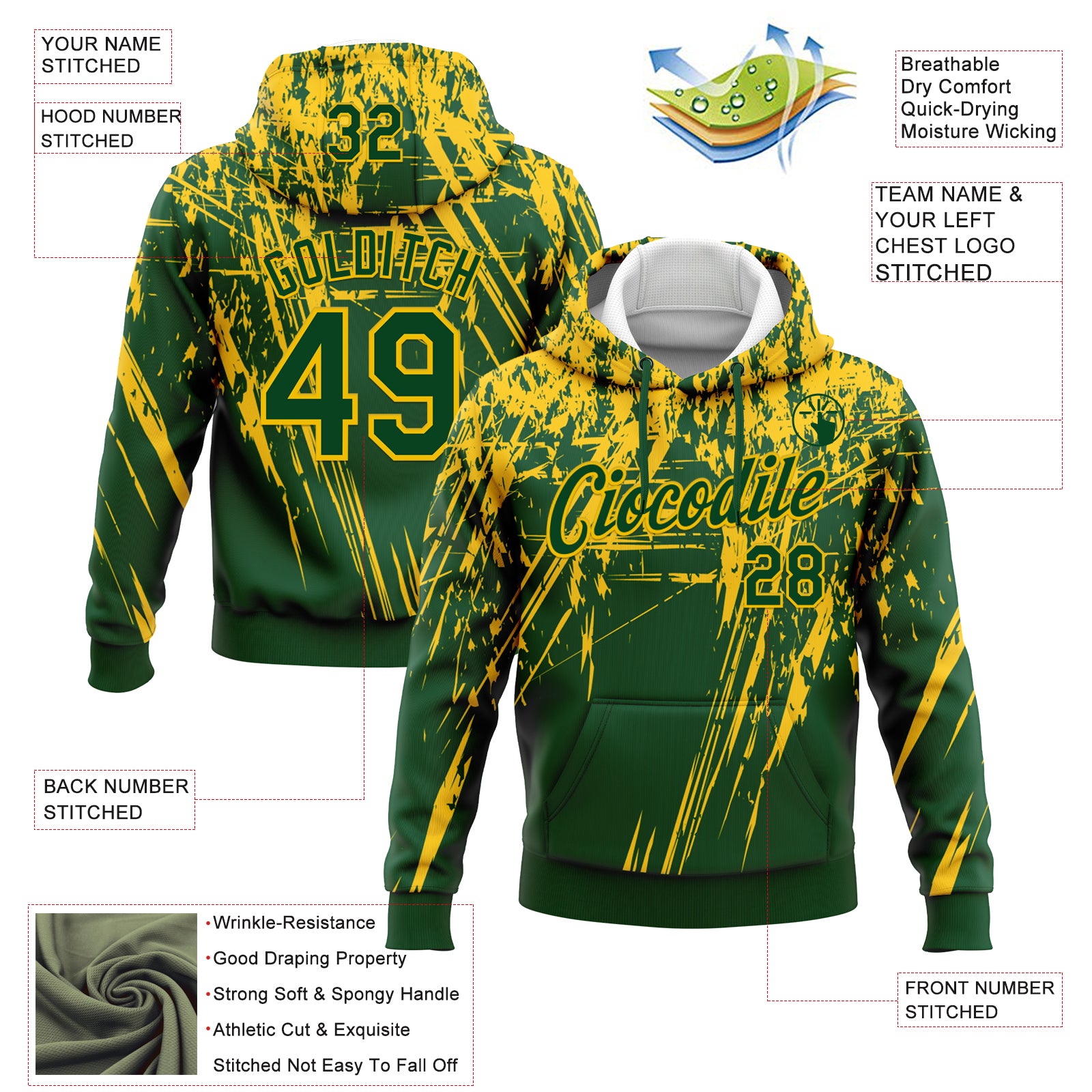Custom Stitched Green Yellow 3D Pattern Design Splash Grunge Art Sports Pullover Sweatshirt Hoodie