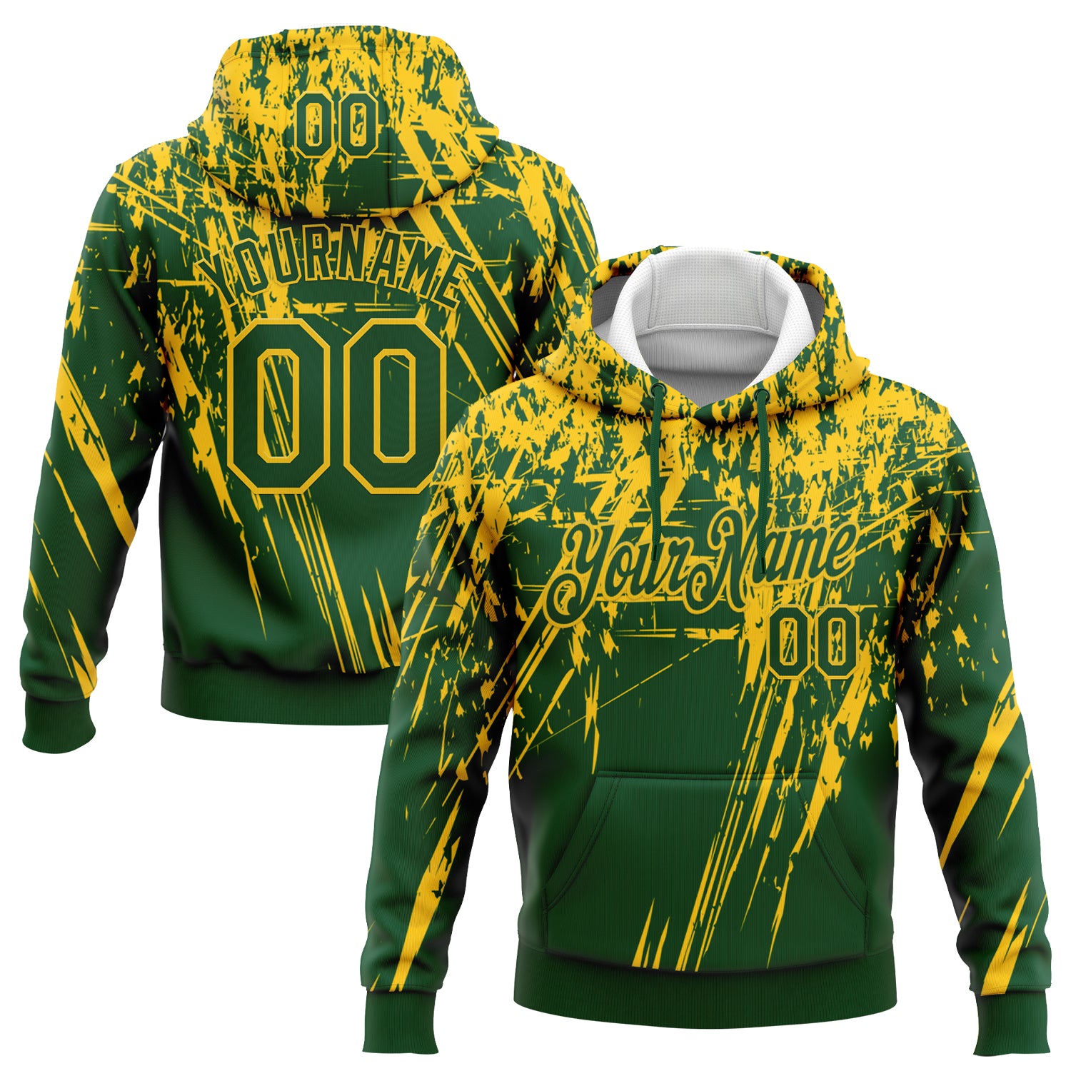 Custom Stitched Green Yellow 3D Pattern Design Splash Grunge Art Sports Pullover Sweatshirt Hoodie