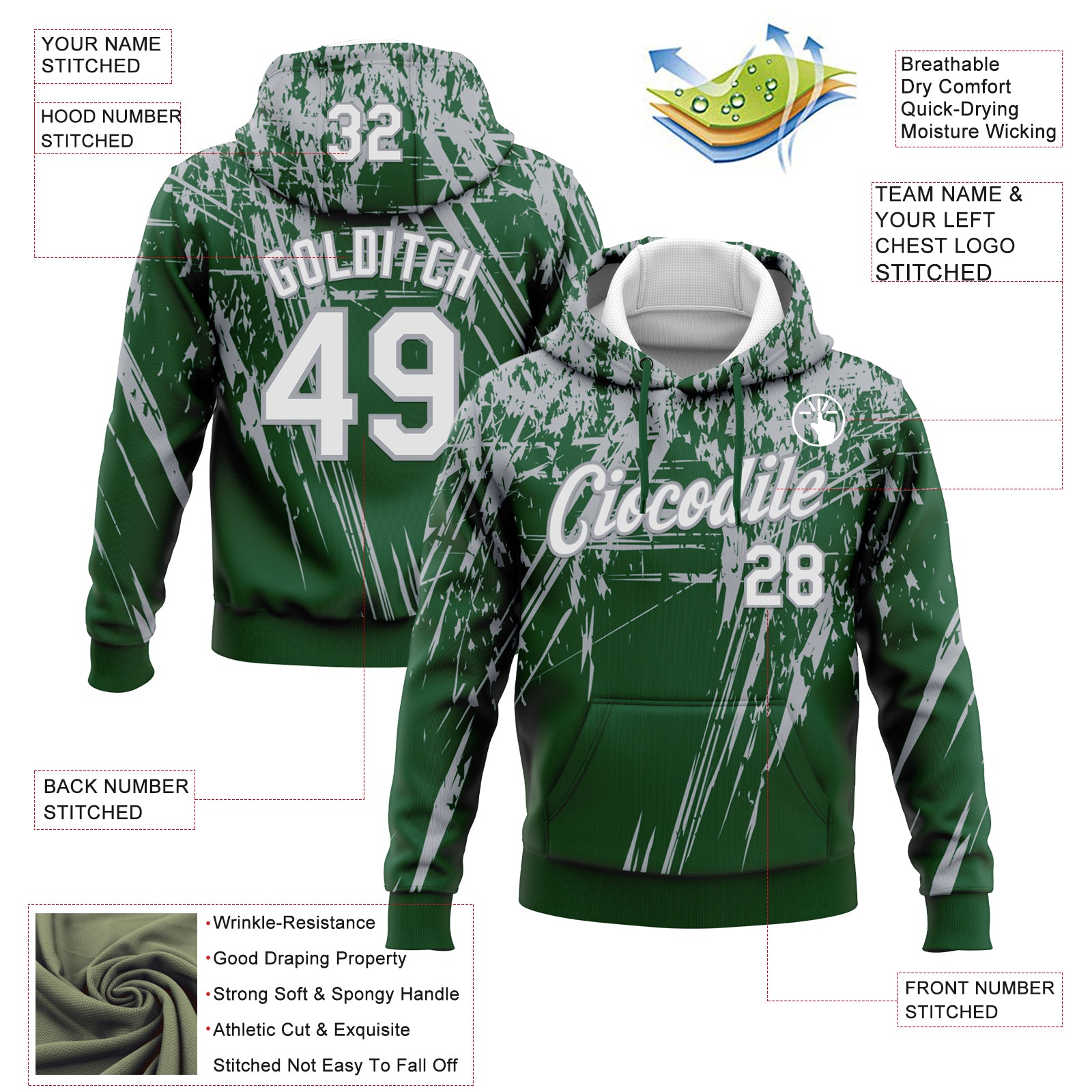 Custom Stitched Green White-Gray 3D Pattern Design Splash Grunge Art Sports Pullover Sweatshirt Hoodie