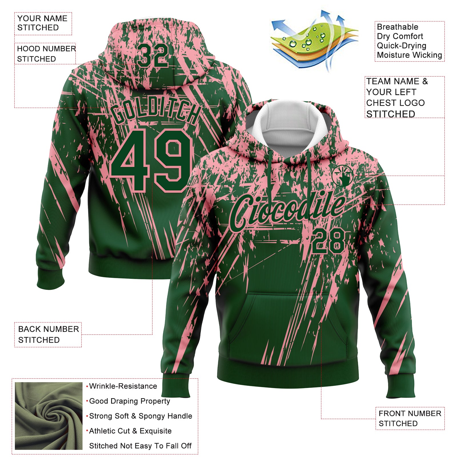 Custom Stitched Green Medium Pink 3D Pattern Design Splash Grunge Art Sports Pullover Sweatshirt Hoodie