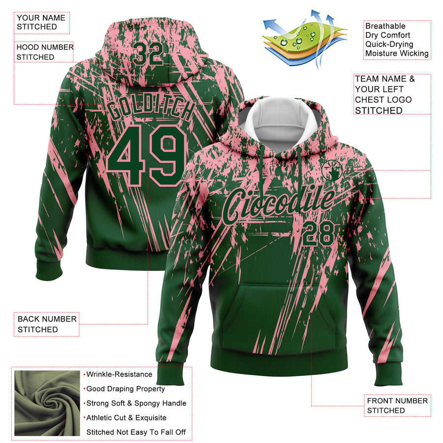 Custom Stitched Green Medium Pink 3D Pattern Design Splash Grunge Art Sports Pullover Sweatshirt Hoodie