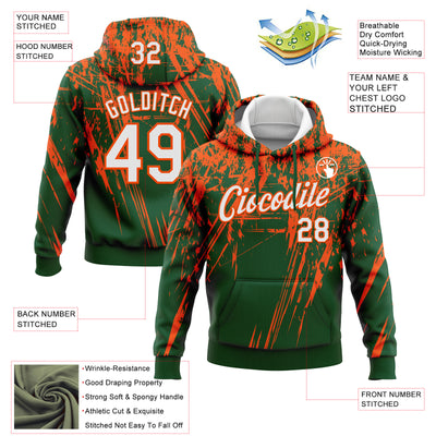 Custom Stitched Green White-Orange 3D Pattern Design Splash Grunge Art Sports Pullover Sweatshirt Hoodie