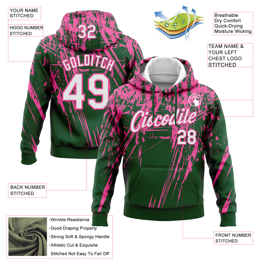 Custom Stitched Green White-Pink 3D Pattern Design Splash Grunge Art Sports Pullover Sweatshirt Hoodie