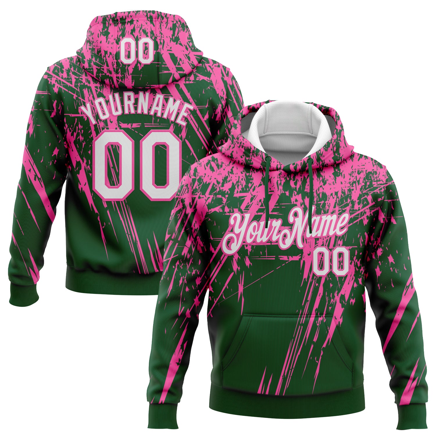 Custom Stitched Green White-Pink 3D Pattern Design Splash Grunge Art Sports Pullover Sweatshirt Hoodie