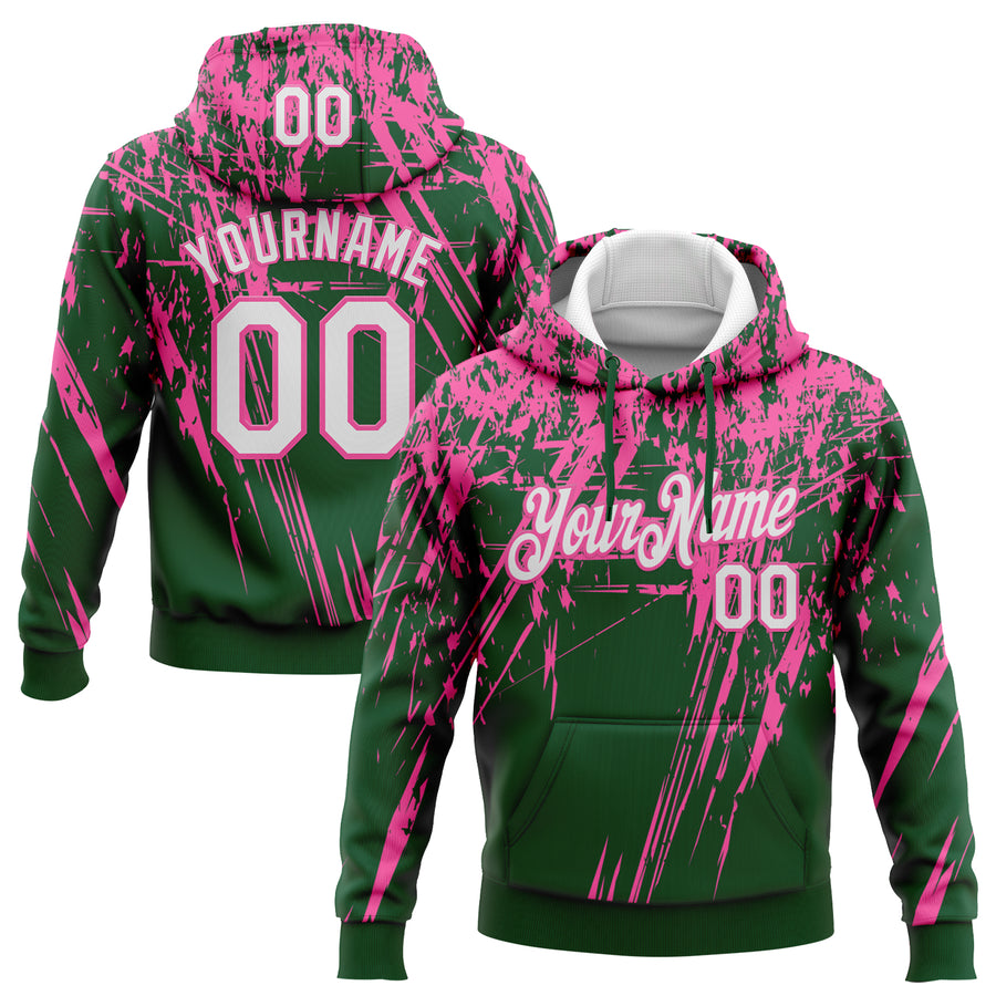 Custom Stitched Green White-Pink 3D Pattern Design Splash Grunge Art Sports Pullover Sweatshirt Hoodie