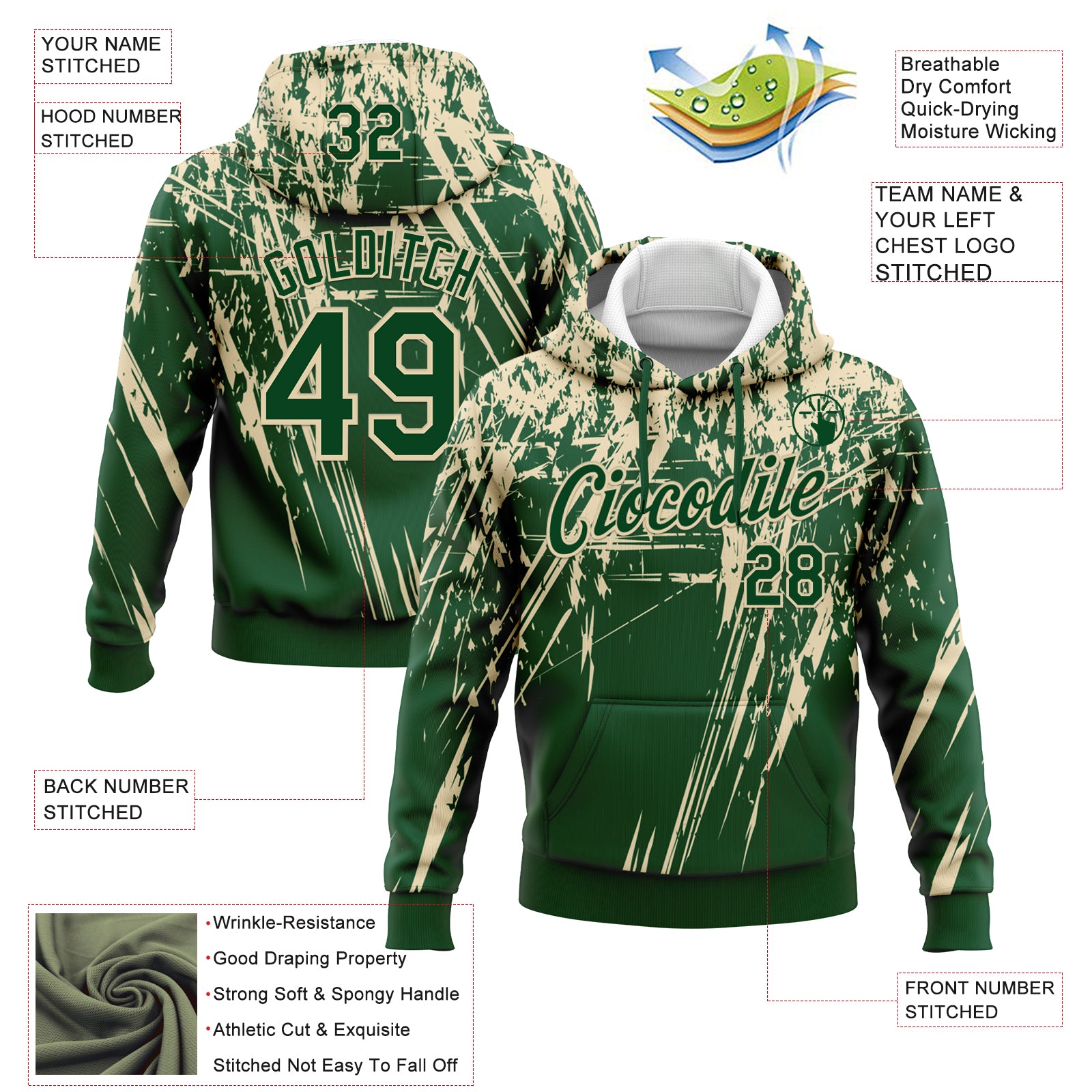 Custom Stitched Green Cream 3D Pattern Design Splash Grunge Art Sports Pullover Sweatshirt Hoodie