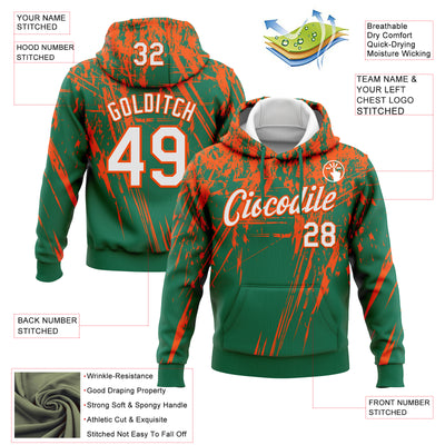 Custom Stitched Kelly Green White-Orange 3D Pattern Design Splash Grunge Art Sports Pullover Sweatshirt Hoodie