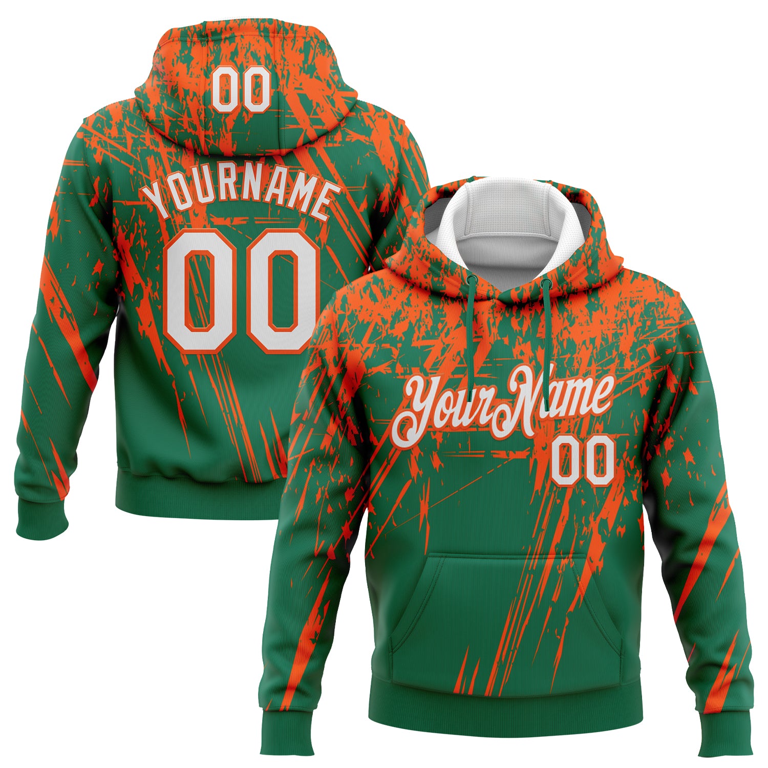 Custom Stitched Kelly Green White-Orange 3D Pattern Design Splash Grunge Art Sports Pullover Sweatshirt Hoodie