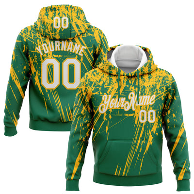 Custom Stitched Kelly Green White-Gold 3D Pattern Design Splash Grunge Art Sports Pullover Sweatshirt Hoodie